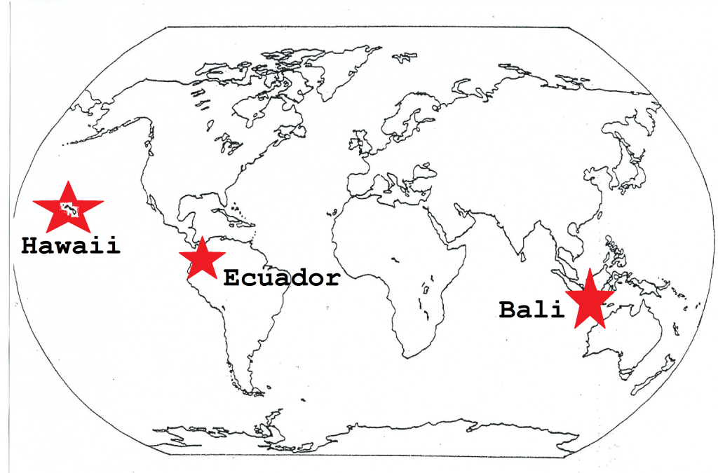 World map with bali hawaii and ecuador